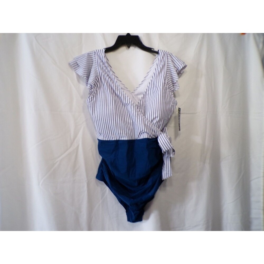 Blooming Jelly Womens One Piece Swimsuit Wrap Stripe Navy White Size XL